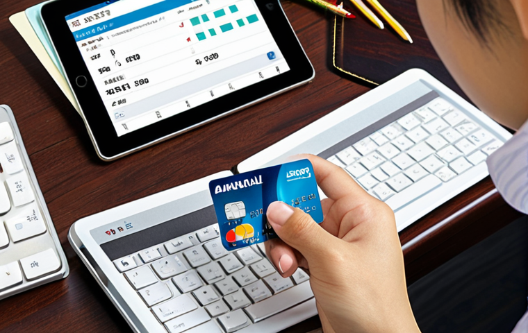 A modern Asian man or woman, mid-20s to 30s, sitting at a clean, well-lit desk, meticulously examining a credit card. A magnifying glass is held over the card's fine print, highlighting terms like "APR," "Annual Fee," and "Grace Period." A tablet or laptop beside them displays icons representing points, cashback, and travel benefits, with subtle Simplified Chinese characters for "积分" (points) and "免息期" (grace period) on the screen. The scene conveys diligence and smart financial planning.
