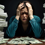 ** A person looking stressed and overwhelmed, surrounded by towering stacks of bills and debt statements. The background is dark and blurry, symbolizing anxiety. Focus on conveying the heavy emotional burden of debt.

**