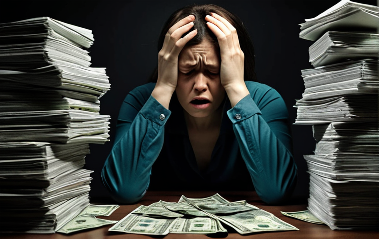 ** A person looking stressed and overwhelmed, surrounded by towering stacks of bills and debt statements. The background is dark and blurry, symbolizing anxiety. Focus on conveying the heavy emotional burden of debt.

**